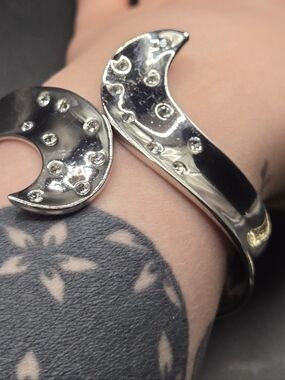 Vintage Silver Tone Crescent Moon Rhinestone Cuff Bracelet Hinged Statement Bang